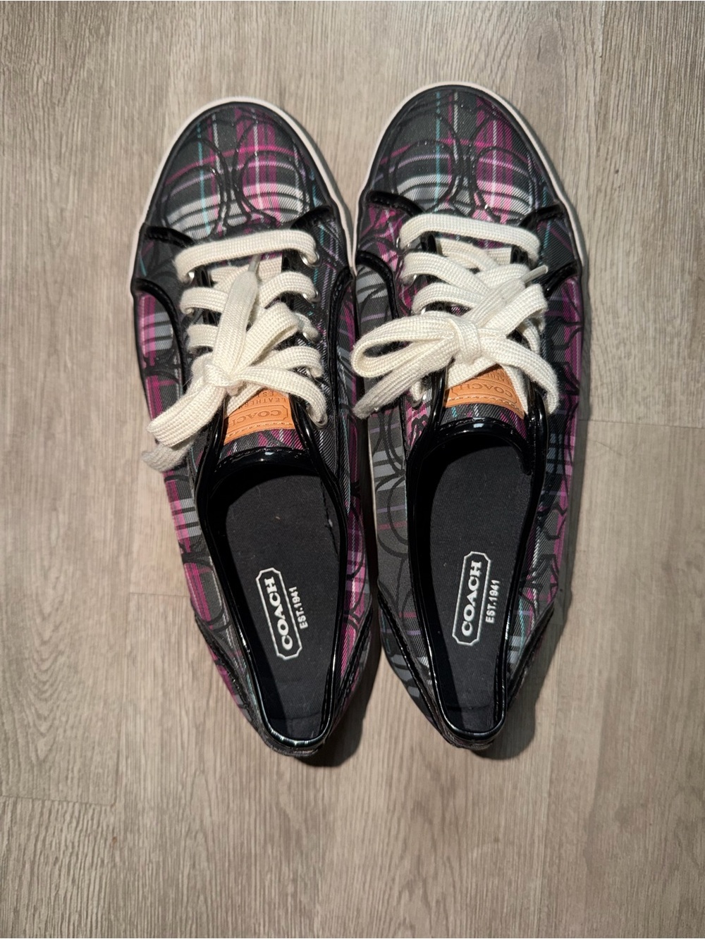 Coach Plaid Low-Top Sneakers in Pink and Black with Cream Laces